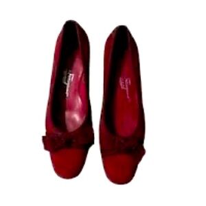 Salvatore Ferragamo boutique bow red suede logo kitten heels formal spring